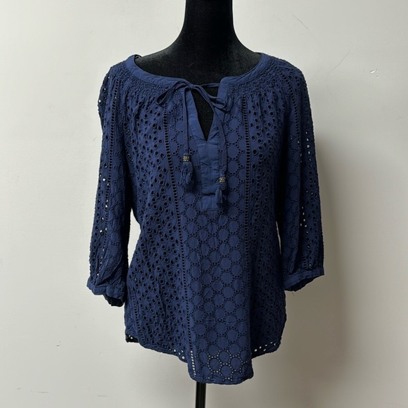 Daniel Rainn Blouse Pale Sky Wilcox Smock Detail Top Eyelet Allover Navy Small - Picture 1 of 9
